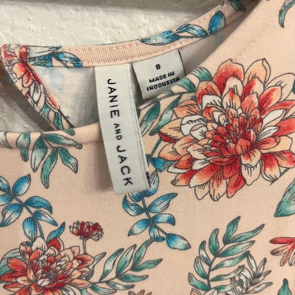 Janie and Jack Sleeveless Dress Girls 8 Pink Floral Skater Ruffle Jersey Stretch - Picture 7 of 12